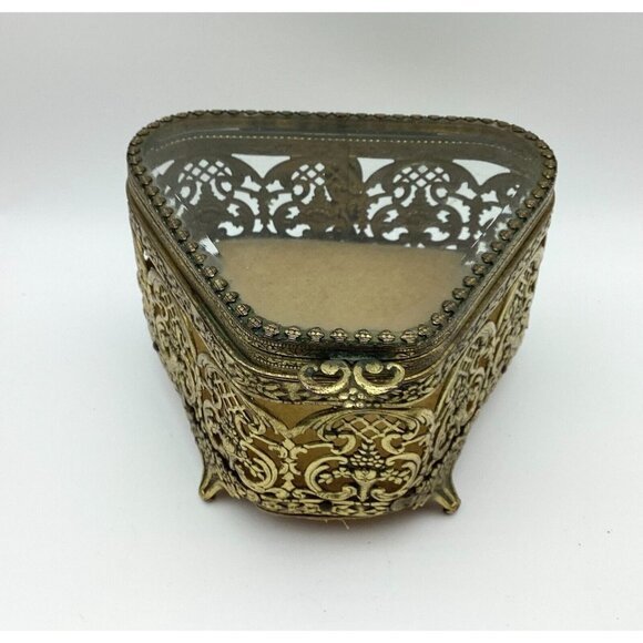1920s Jewelry Casket Triangle French Pierced Gilt Brass & Beveled Glass - Picture 1 of 8